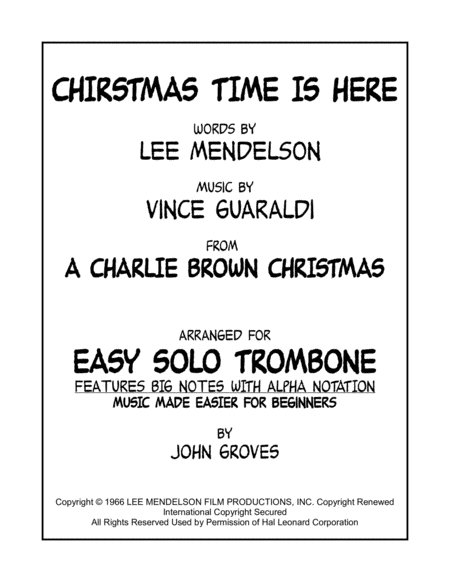 Free Sheet Music Christmas Time Is Here Easy Solo Trombone
