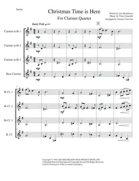 Free Sheet Music Christmas Time Is Here For Clarinet Quartet