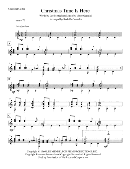 Free Sheet Music Christmas Time Is Here For Solo Classical Guitar