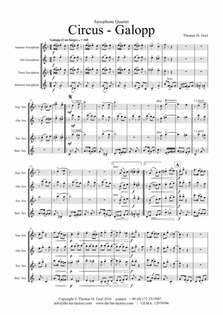 Circus Galopp Funny Fast Saxophone Quartet Sheet Music