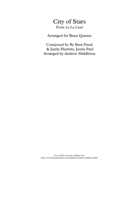 City Of Stars Arranged For Brass Quintet Sheet Music