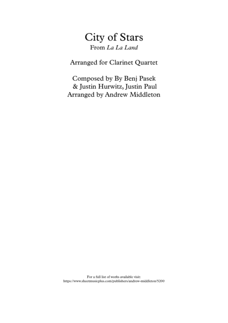 City Of Stars Arranged For Clarinet Quartet Sheet Music