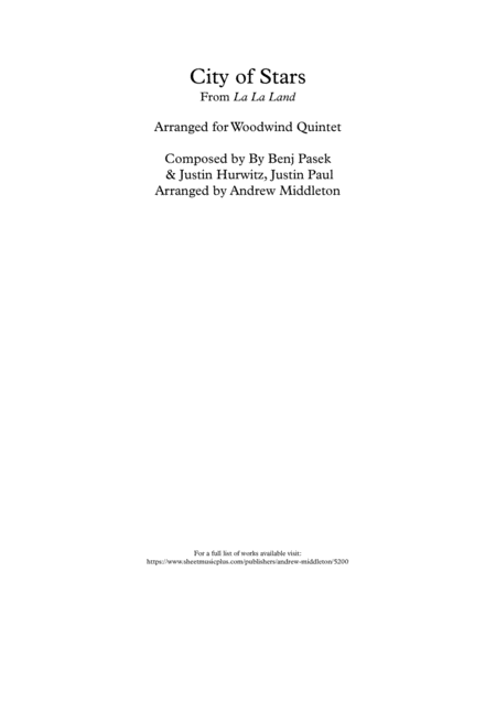 Free Sheet Music City Of Stars Arranged For Woodwind Quintet