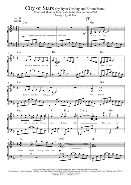 Free Sheet Music City Of Stars Piano Vocal Chords