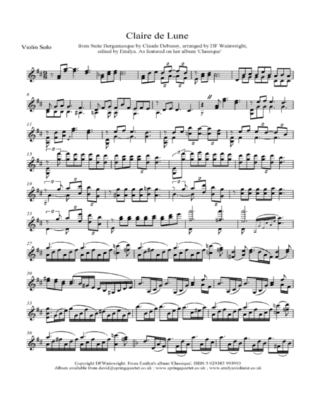 Clair De Lune By Debussy Arranged For Solo Violin Sheet Music