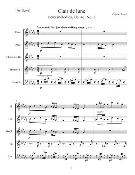 Clair De Lune Deux Mlodies Op 46 No 2 Gabriel Faur For Woodwind Quintet Sheet Music