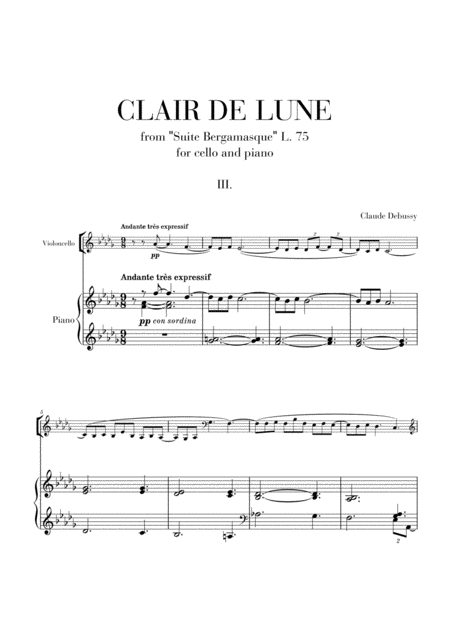 Clair De Lune For Cello And Piano From Suite Bergamasque Sheet Music