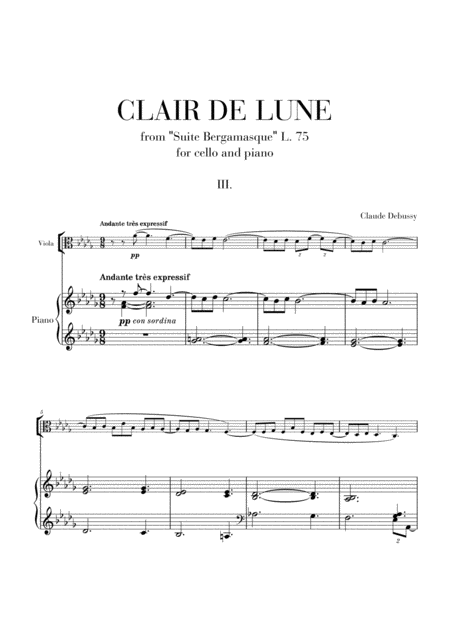 Clair De Lune For Viola And Piano From Suite Bergamasque Sheet Music