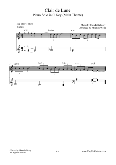 Clair De Lune From Suite Bergamasque In C Key Piano Solo Sheet Music