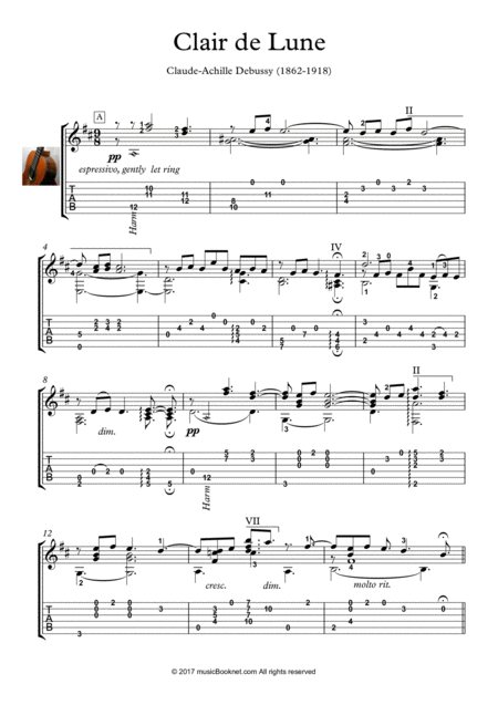 Free Sheet Music Claire De Lune Guitar Solo