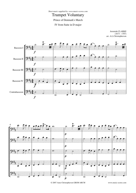 Free Sheet Music Clarke Trumpet Voluntary Or Prince Of Denmarks March Bassoon Quintet