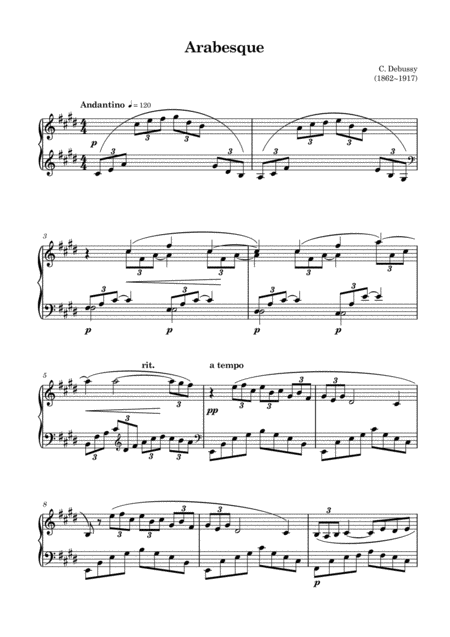Free Sheet Music Claude Debussy Arabesque No 1 In E Major