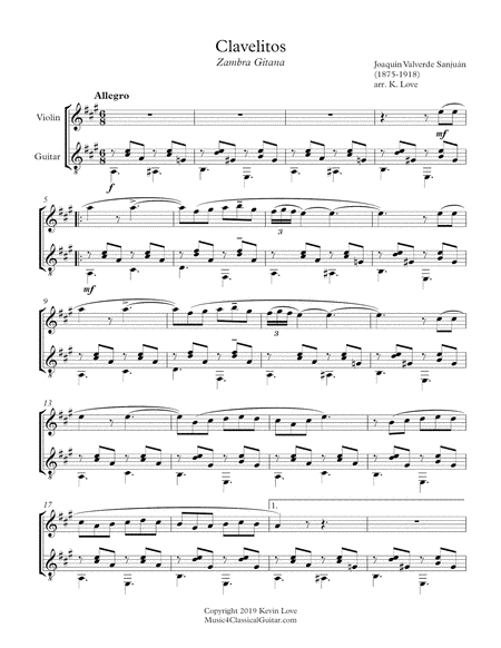 Clavelitos Violin And Guitar Score And Parts Sheet Music