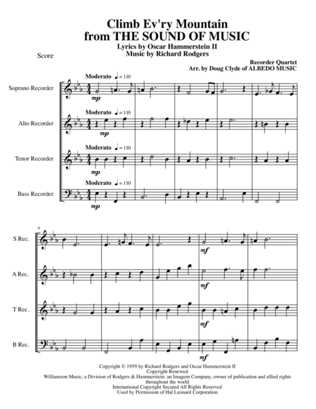 Free Sheet Music Climb Ev Ry Mountain From The Sound Of Music For Recorder Quartet