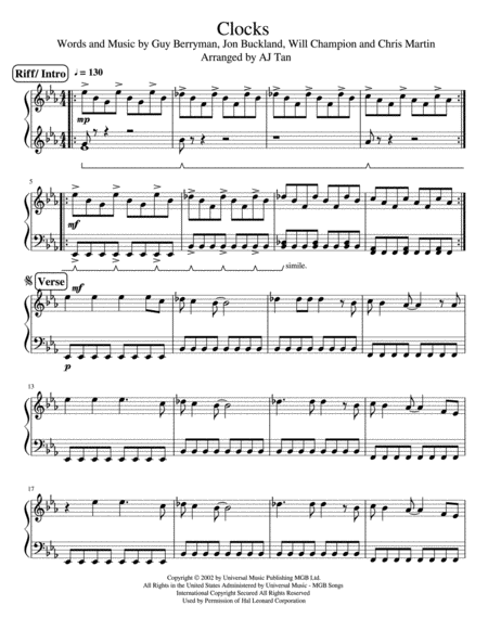 Clocks By Coldplay Piano Version Sheet Music