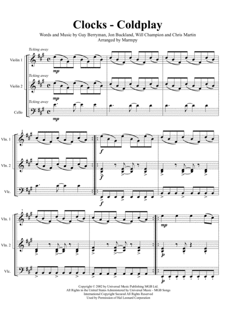 Free Sheet Music Clocks Coldplay Arranged For String Trio