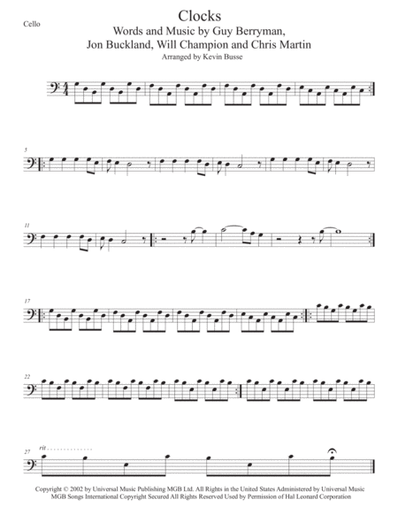 Free Sheet Music Clocks Easy Key Of C Cello