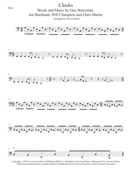 Clocks Easy Key Of C Tuba Sheet Music