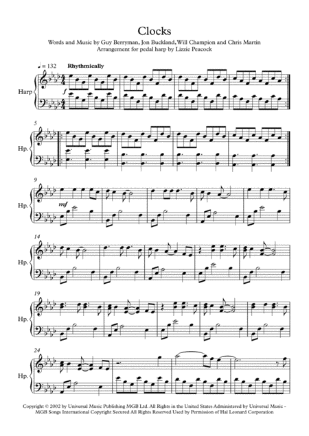 Clocks Pedal Harp Solo Sheet Music