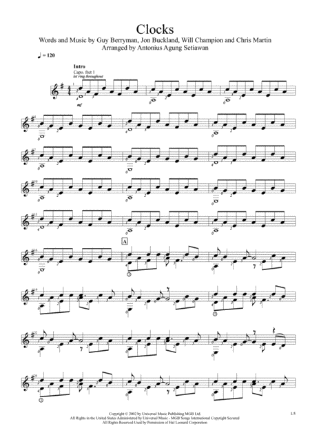 Clocks Solo Guitar Score Sheet Music