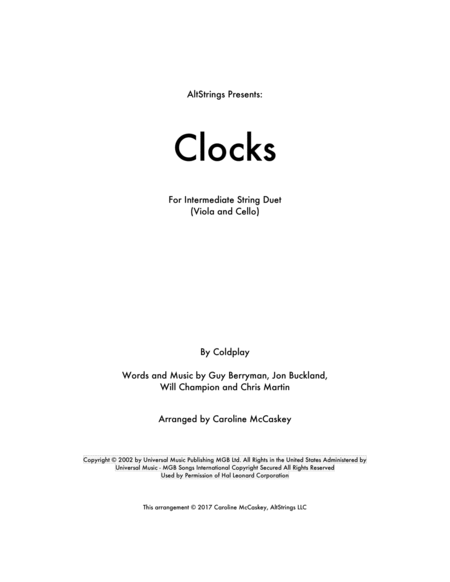 Clocks Viola And Cello Duet Sheet Music