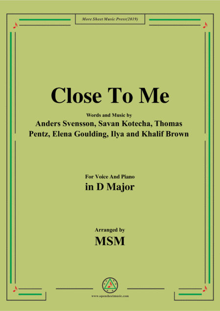 Close To Me In D Major For Voice And Piano Sheet Music