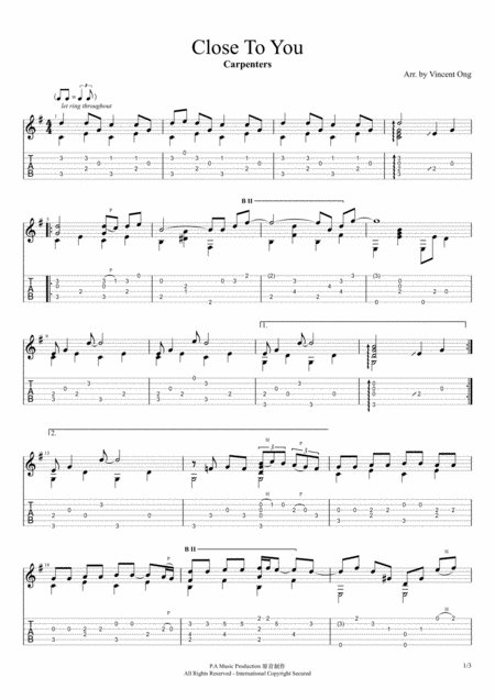 Close To You Guitar Finger Style Sheet Music