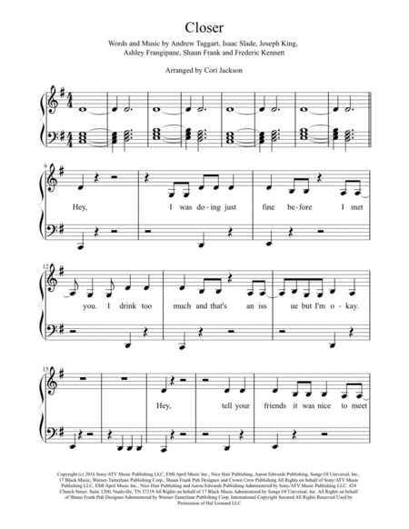 Closer Easy Piano Solo Sheet Music