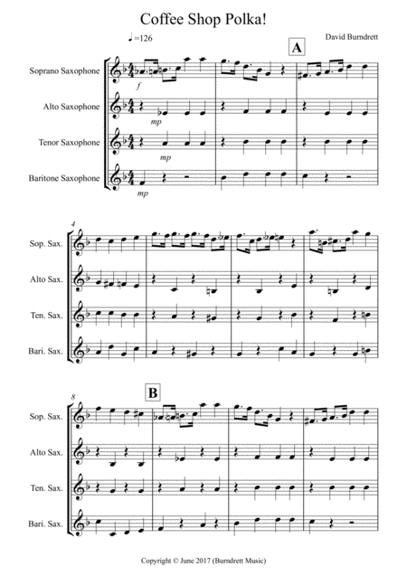 Coffee Shop Polka For Saxophone Quartet Sheet Music