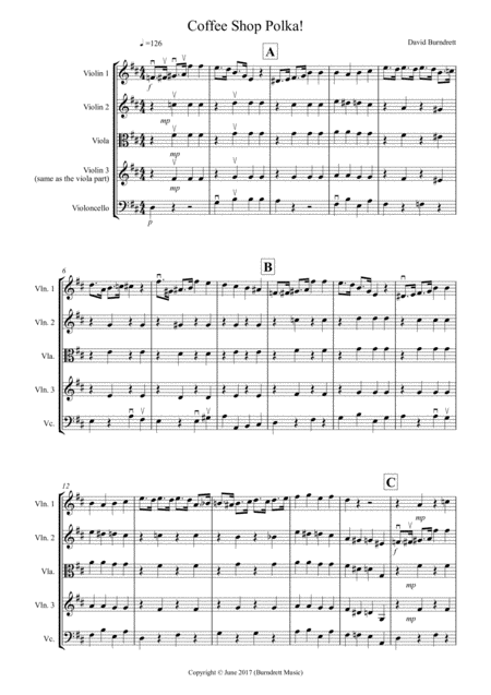 Coffee Shop Polka For String Quartet Sheet Music