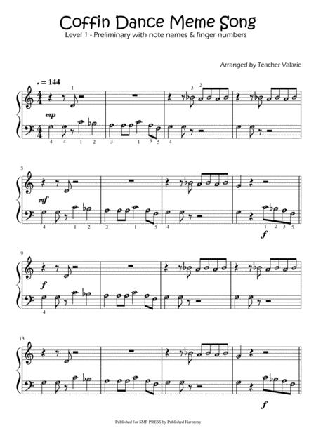 Coffin Dance Meme Song Easy Piano For Preliminary With Note Names And Finger Numbers Sheet Music
