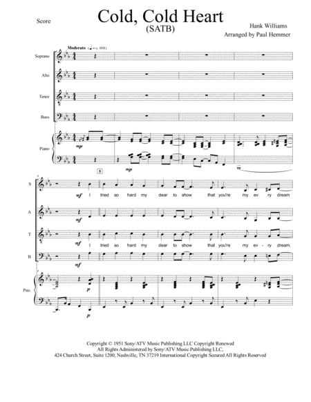 Cold Cold Heart Score Hank Williams Classic Country Satb Sheet Music