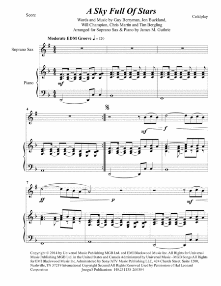 Coldplay A Sky Full Of Stars For Soprano Sax Piano Sheet Music