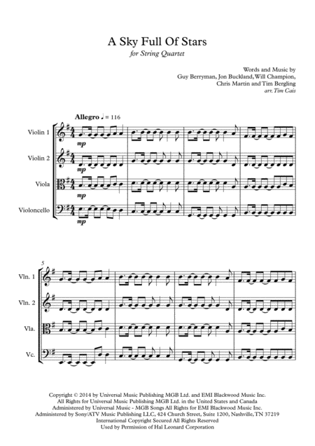 Coldplay A Sky Full Of Stars String Quartet Sheet Music