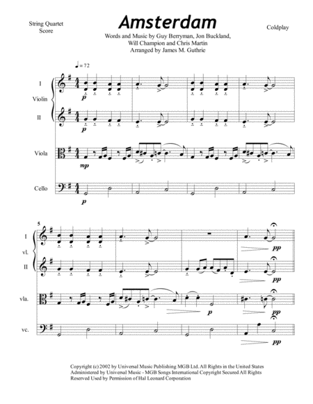 Free Sheet Music Coldplay Amsterdam For String Quartet