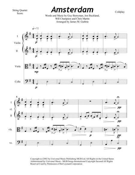 Coldplay Amsterdam For String Quartet Sheet Music