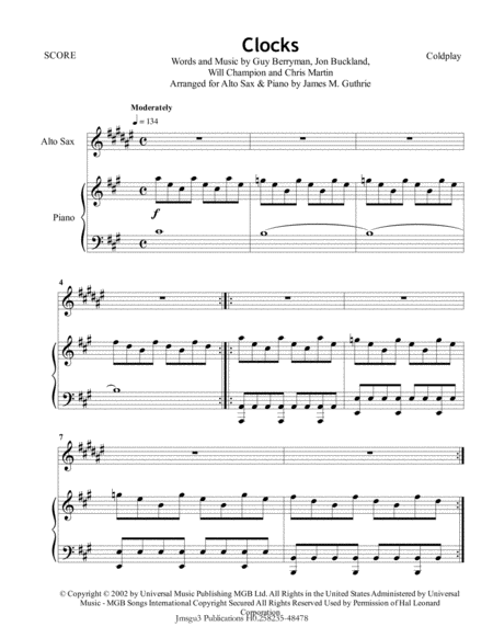 Free Sheet Music Coldplay Clocks For Alto Sax Piano