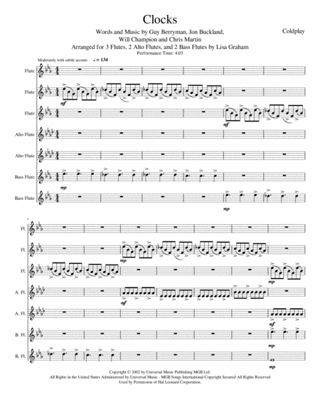 Coldplay Clocks For Flute Choir Sheet Music