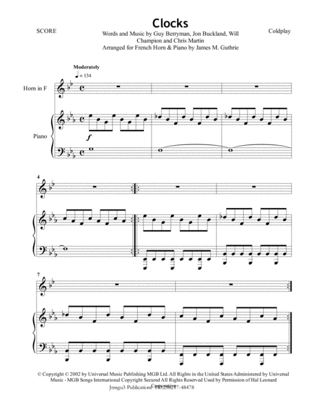 Free Sheet Music Coldplay Clocks For French Horn Piano