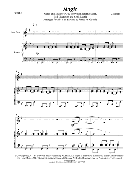 Free Sheet Music Coldplay Magic For Alto Sax Piano
