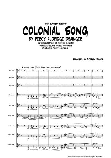 Colonial Song By Percy Aldridge Grainger Arranged For Clarinet Nonet Sheet Music