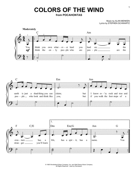 Colors Of The Wind From Pocahontas Sheet Music