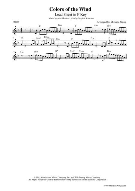 Colors Of The Wind Lead Sheet In C Key With Chords Sheet Music