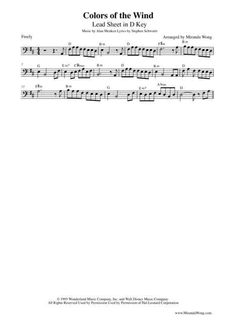 Free Sheet Music Colors Of The Wind Lead Sheet In D Key Bass Clef