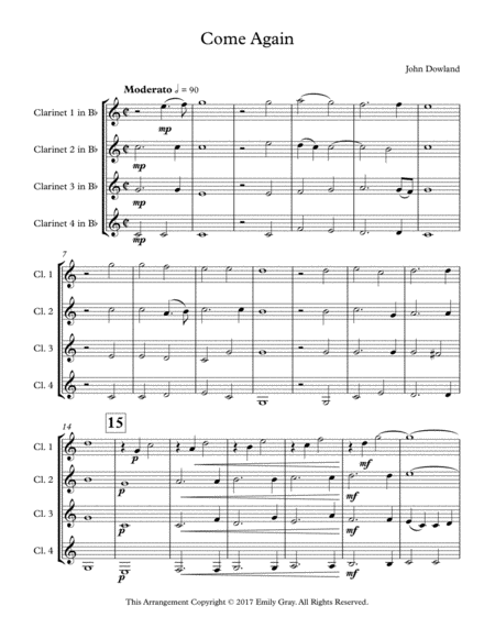 Free Sheet Music Come Again Clarinet Quartet