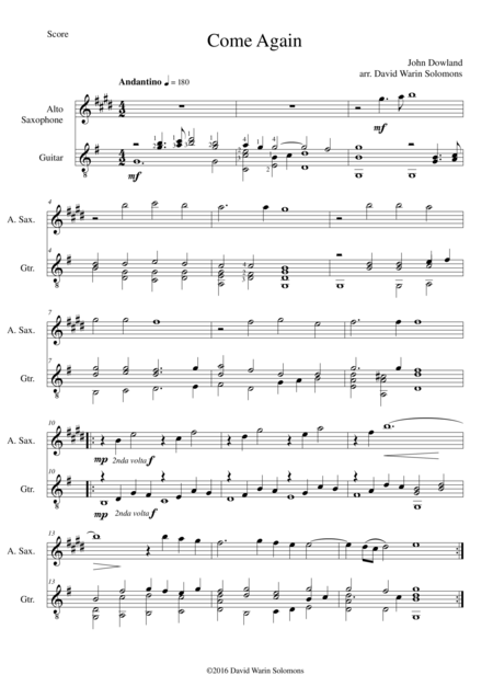 Free Sheet Music Come Again For Alto Saxophone And Guitar