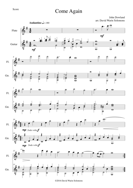 Come Again For Flute And Guitar Sheet Music