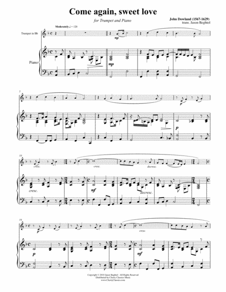 Free Sheet Music Come Again Sweet Love For Trumpet Piano