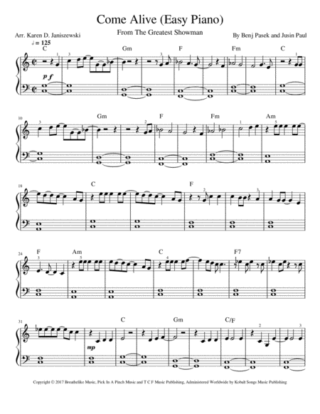 Come Alive Easy Piano Sheet Music