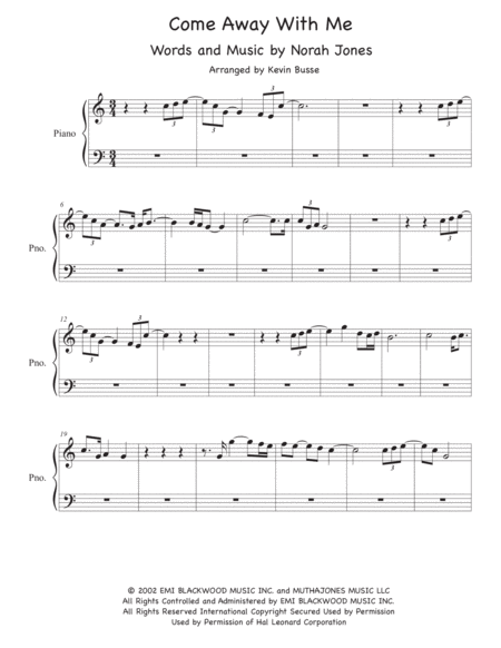 Come Away With Me Easy Key Of C Piano Sheet Music